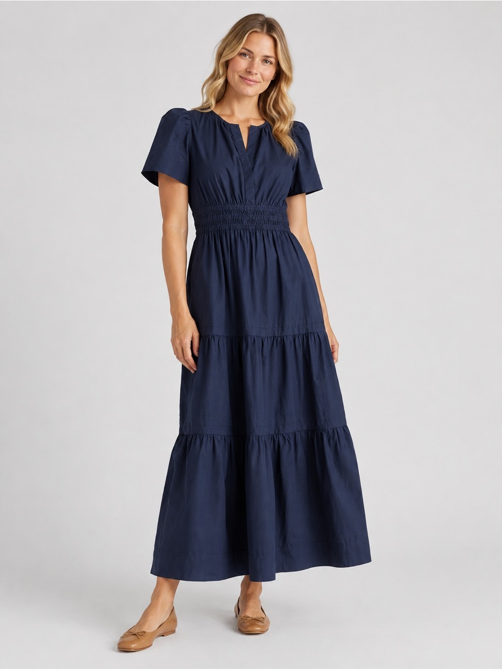 Quince Navy Blue Cotton Poplin Tiered Maxi Dress Women’s Large Cottage Romantic